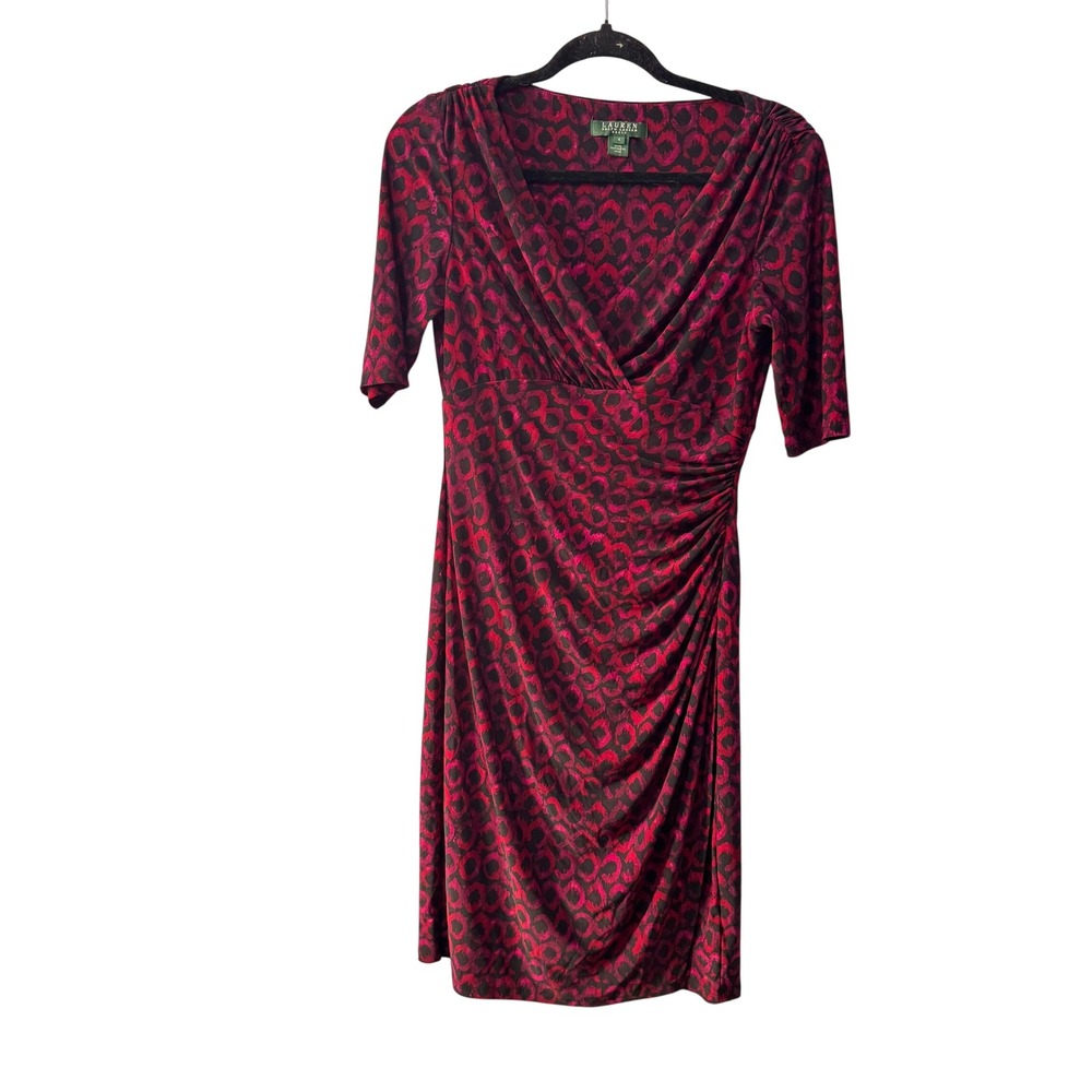 Lauren Ralph Lauren Pink Black Geometric Faux Wrap Ruched Sheath Dress Size 4